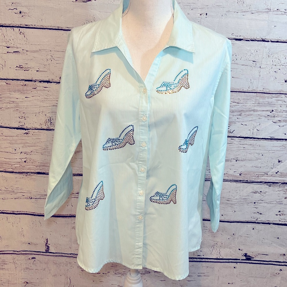 TIA DESIGNS Vintage 90's Striped 3/4 Sleeve Button Down Stripes Rhinestones-M
